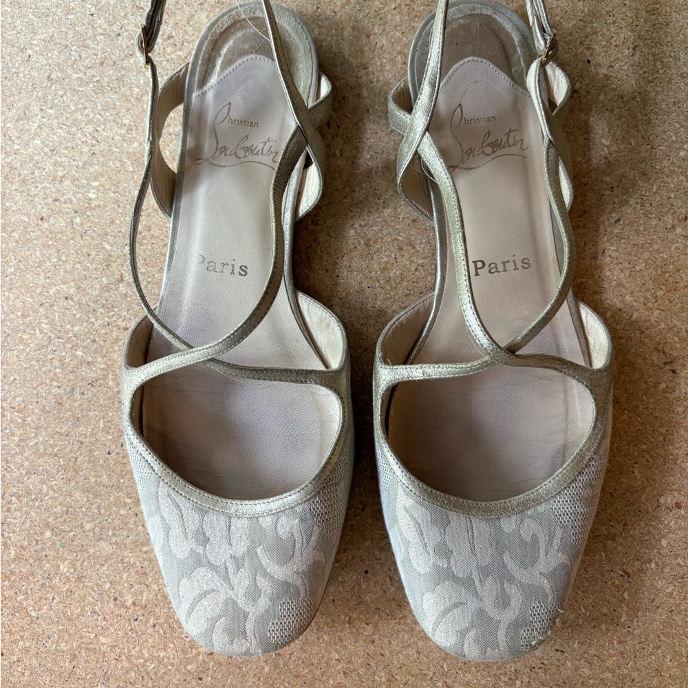 Christian Louboutin Cream and Gold Floral Slingback Flats